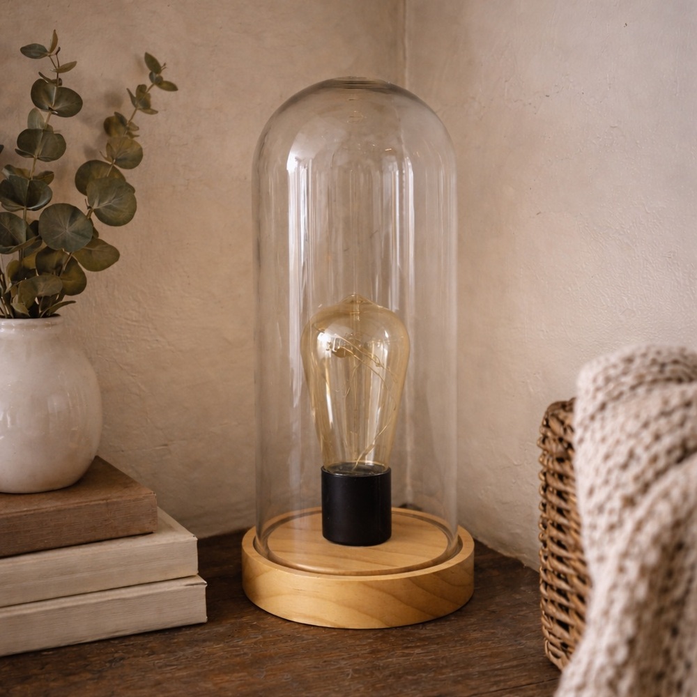 Modern Glass‎ Dome Cloche Table Lamp Wood Base Edison LED Battery